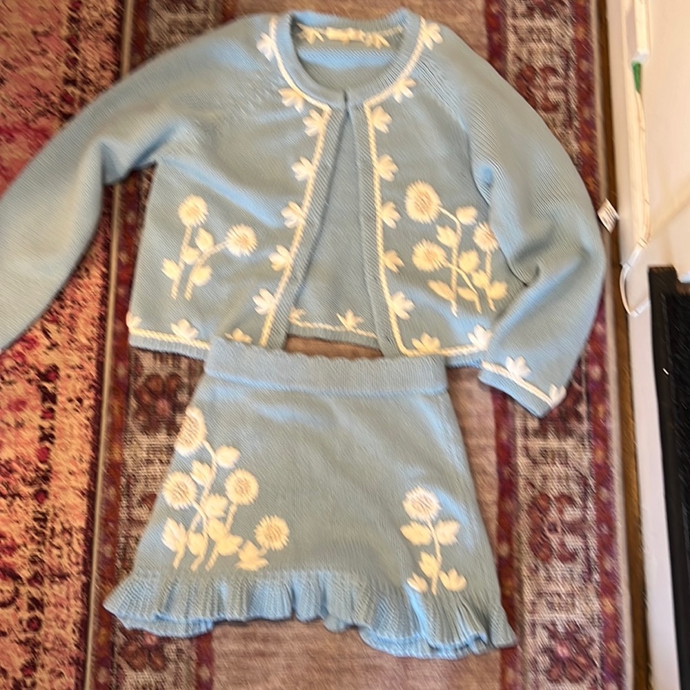 LoveShackFancy Light Blue Knit Cardigan & Skirt Set with Cream Floral Embroidery